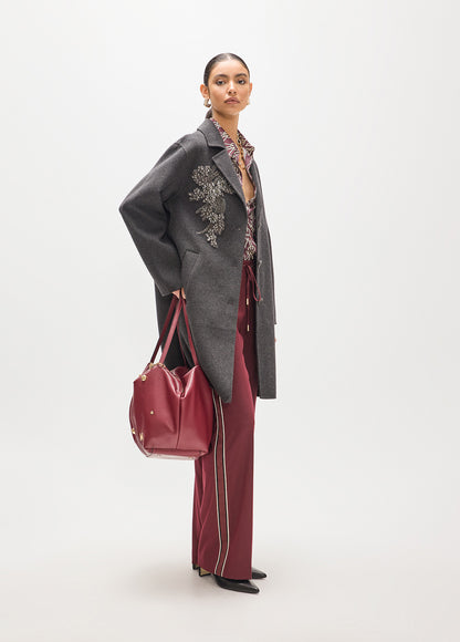 MF2601013 Beaded and Stud Floral Embroidery Mid Length Coat