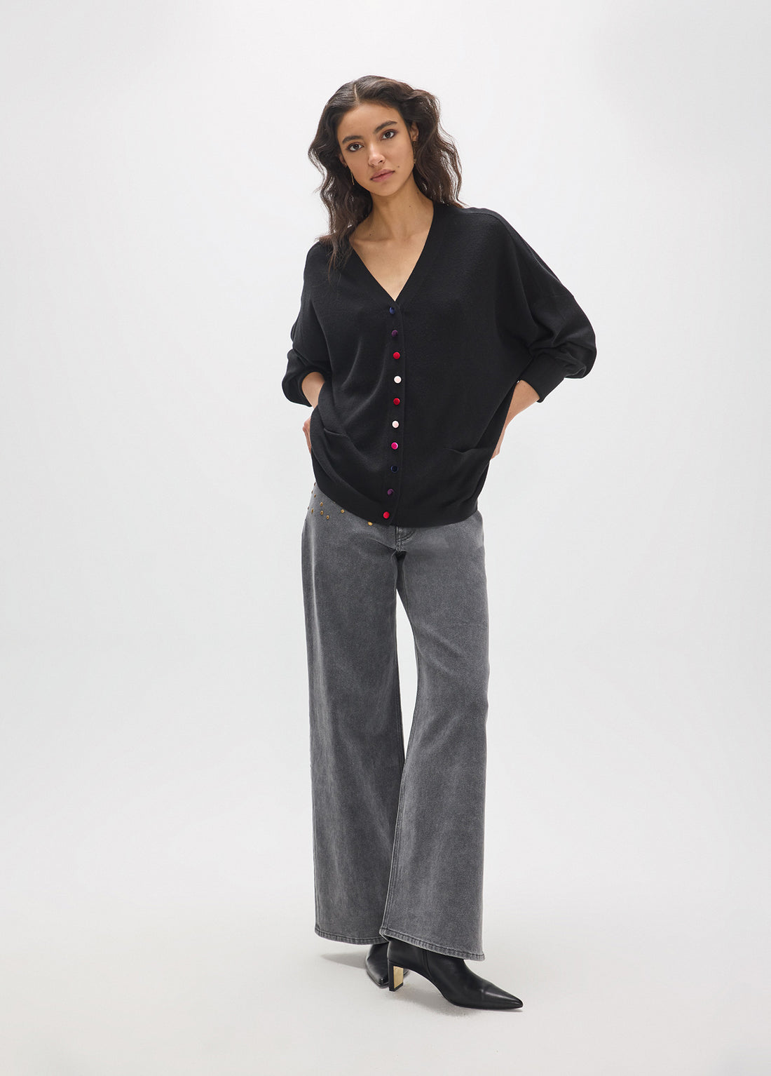 MF2611002 Multicolor Velvet Buttoned Oversized Cardigan