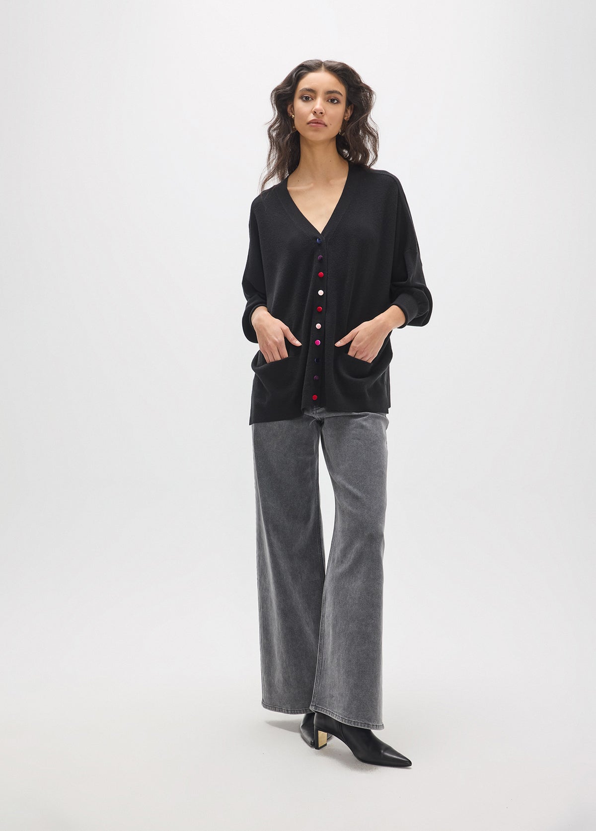 MF2611002 Multicolor Velvet Buttoned Oversized Cardigan