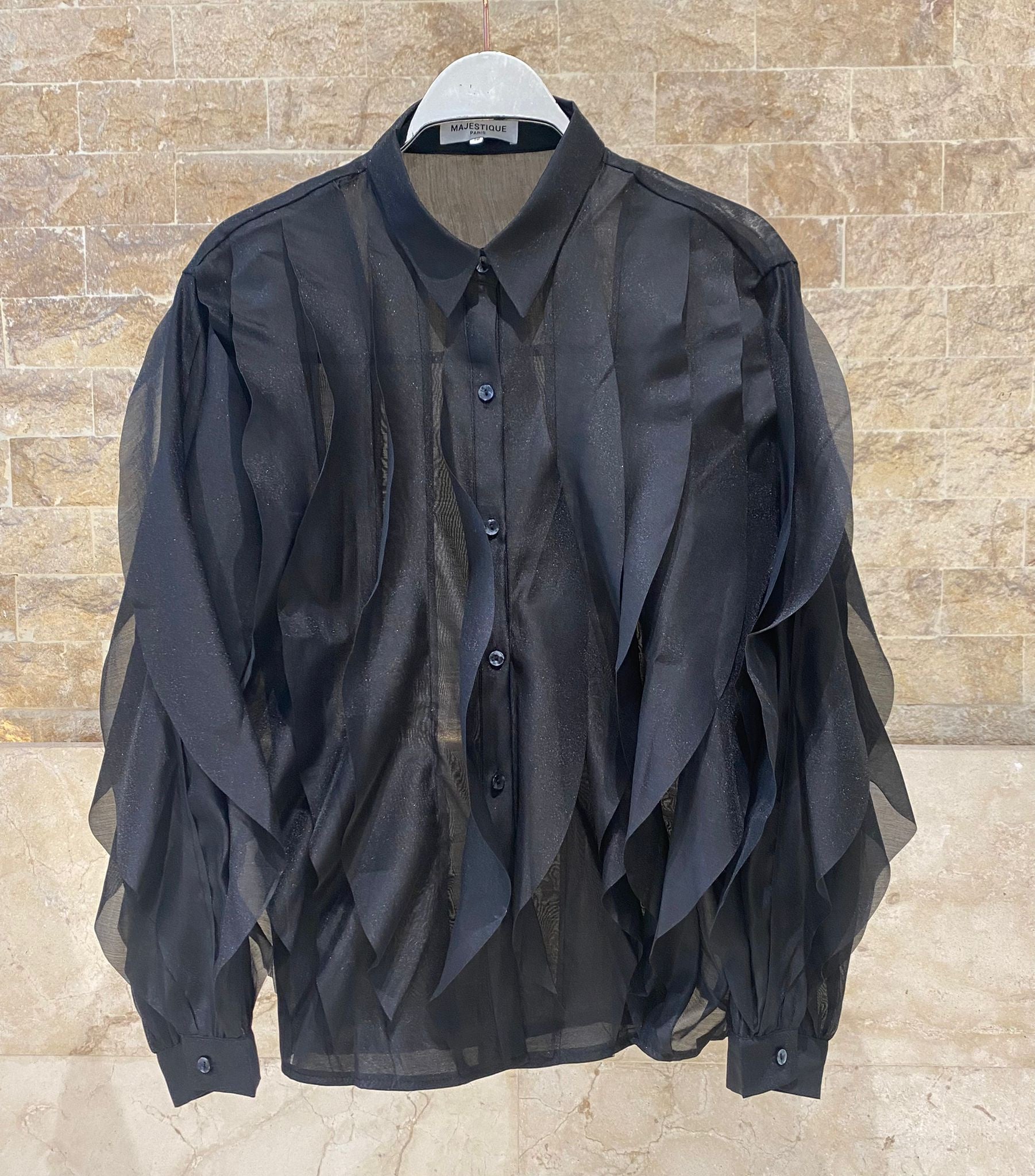 MJ261960 Nero Ruffled Sheer Sculpted Shirt قميص شفاف مكشكش ومنقوش - Brown Loft