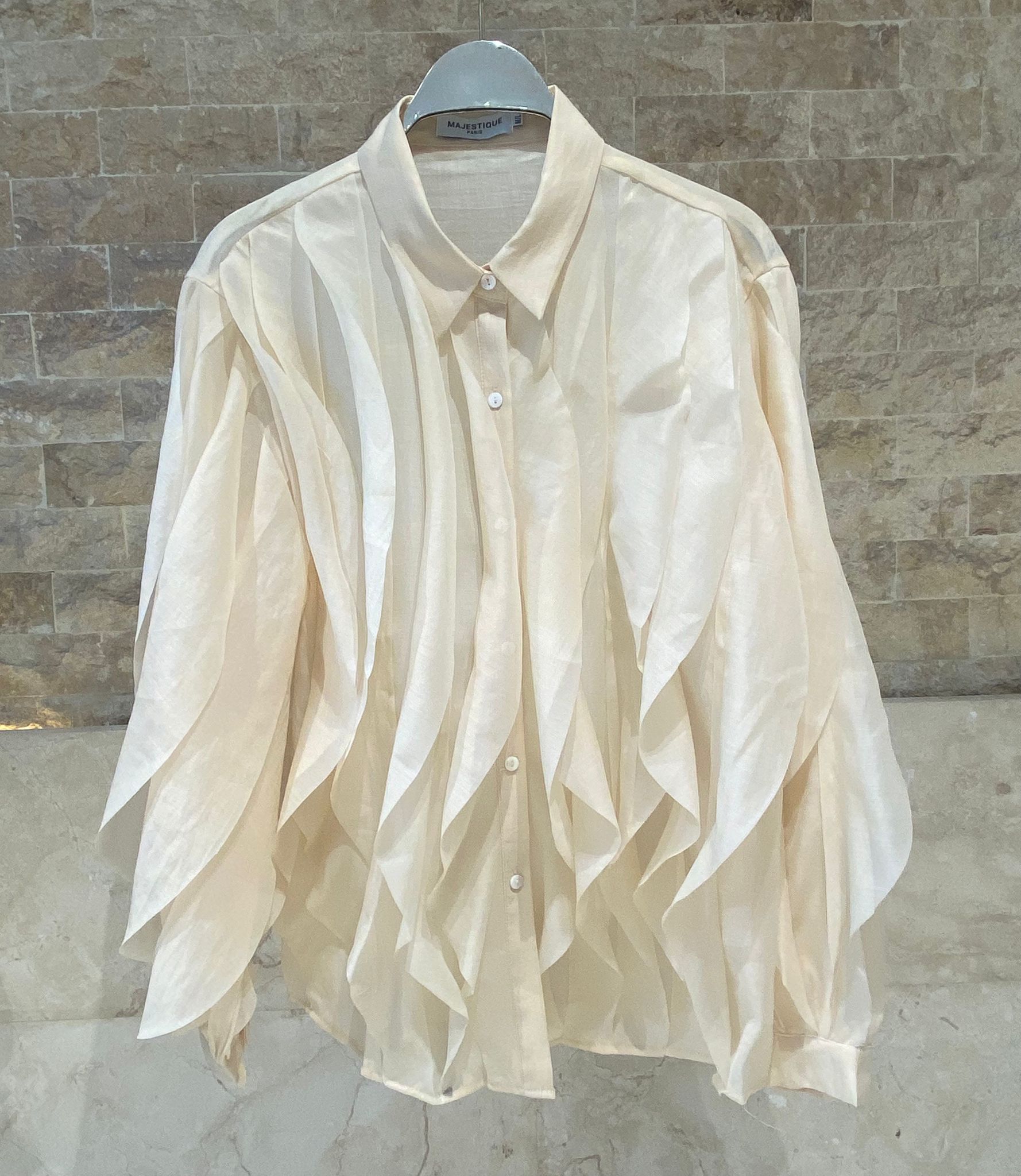 MJ261960 Ruffled Sheer Sculpted Oversized Shirt قميص شفاف منحوت كبير الحجم مع كشكشة - Brown Loft