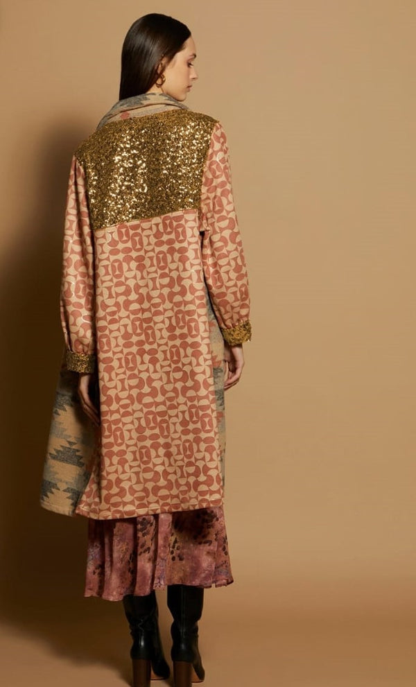 M05KF32 Bi-materia kaftan with ethnic print and sequins قفطان ثنائي المادة مع طباعة عرقية وترتر