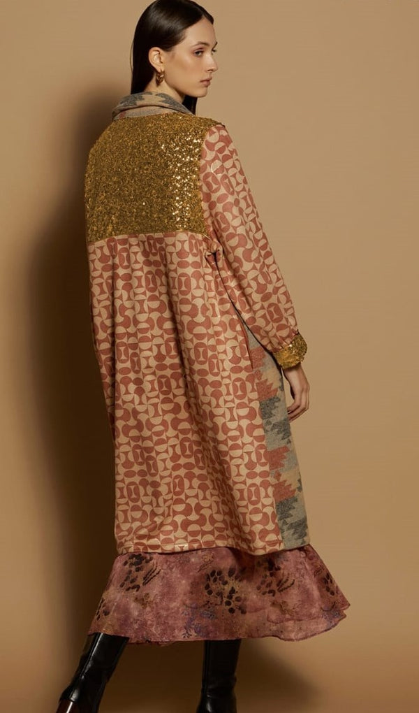 M05KF32 Bi-materia kaftan with ethnic print and sequins قفطان ثنائي المادة مع طباعة عرقية وترتر