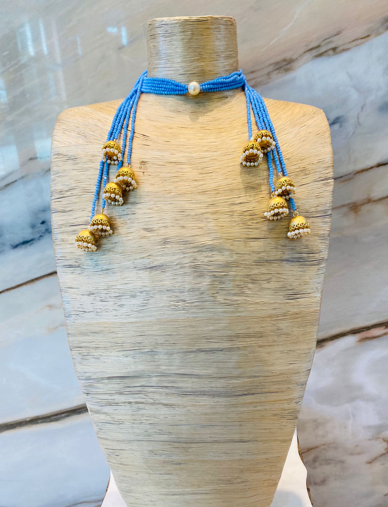 MOD 21 Blue Beaded Tassel Necklace قلادة زرقاء مزينة بشرابة من الخرز - Brown Loft