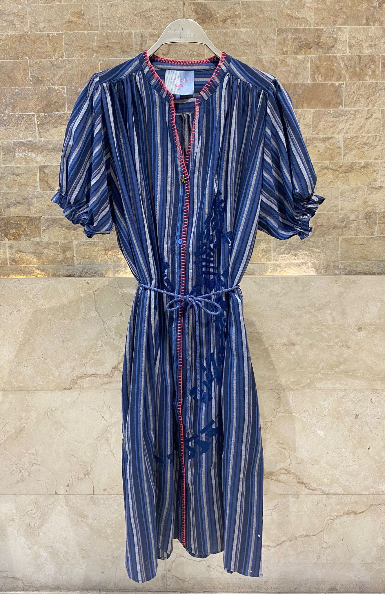 Mae Rayures Embroidered Stripes Long Dress فستان طويل مخطط مطرز - Brown Loft