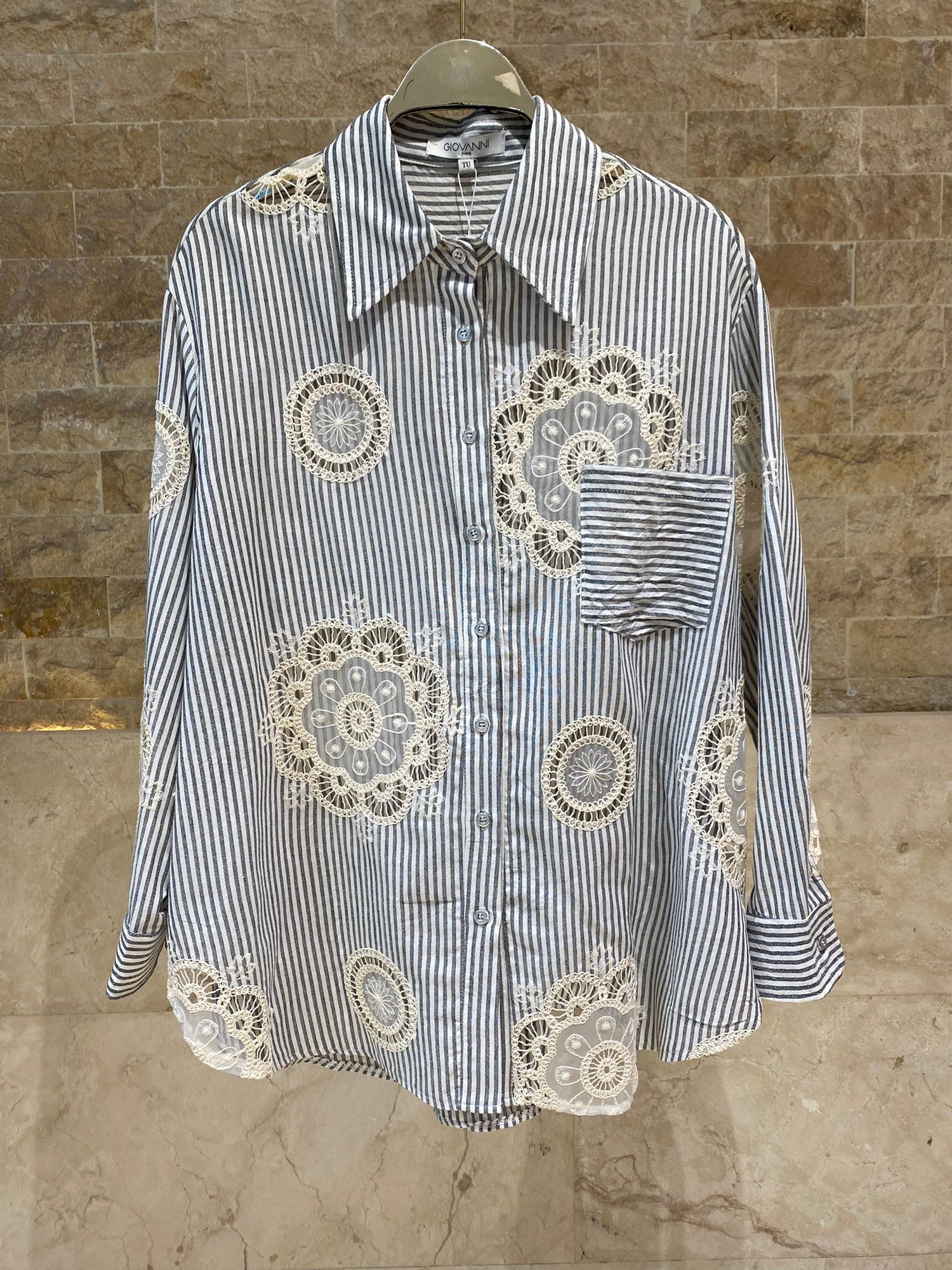 Magalie Pinstriped Crochet Shirt