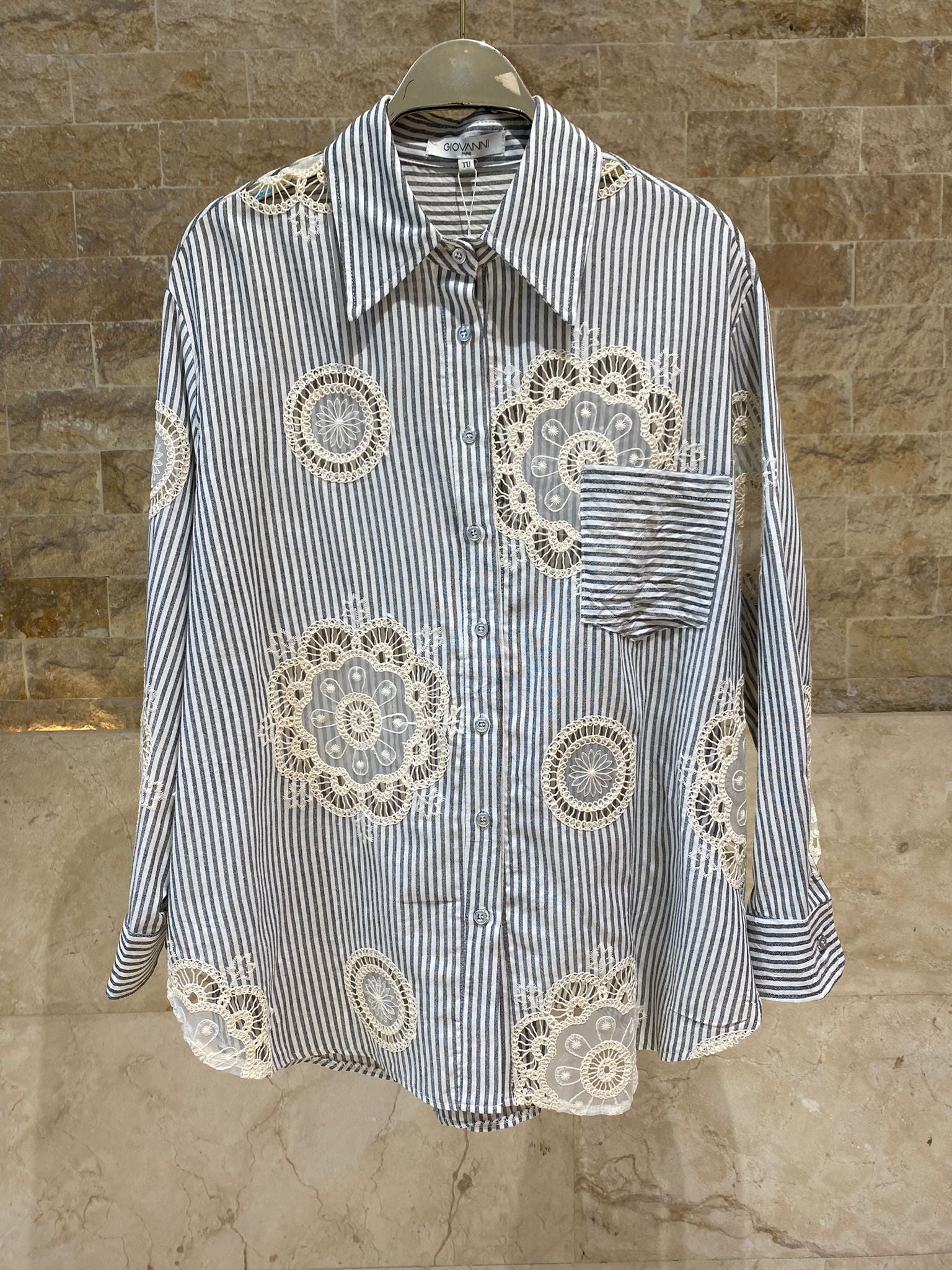 Magalie Pinstriped Crochet Shirt