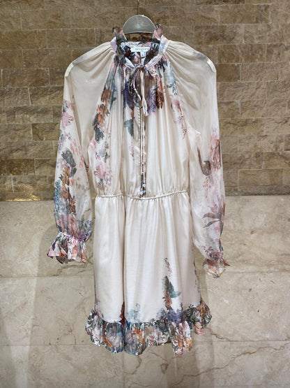 Marly Floral Ruffle Sheer Mini Dress - Brown Loft