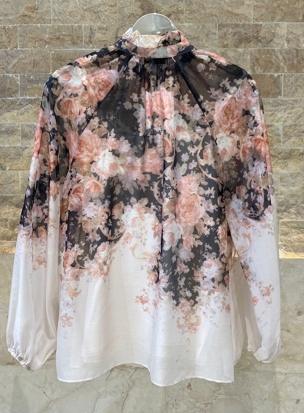 Misty Floral Print Sheer Top بلوزة شفافة بنقشة الأزهار