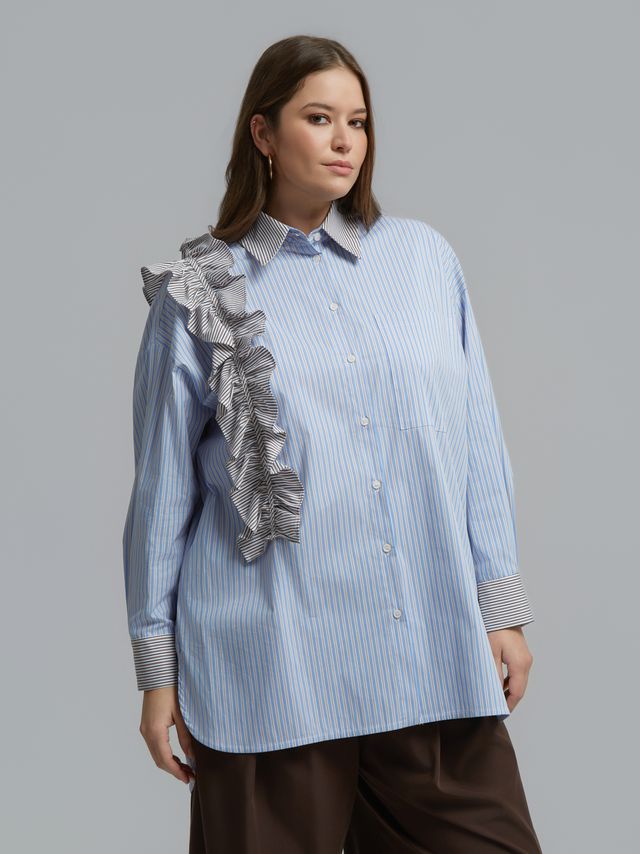 Asymmetric Ruffle Striped Shirt 8601.3018