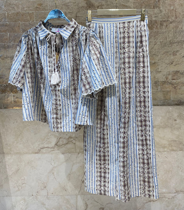 Nickita/Aude Eyelet Embroidery Top and Pants بلوزة وبنطال مطرزان بفتحات معدنية