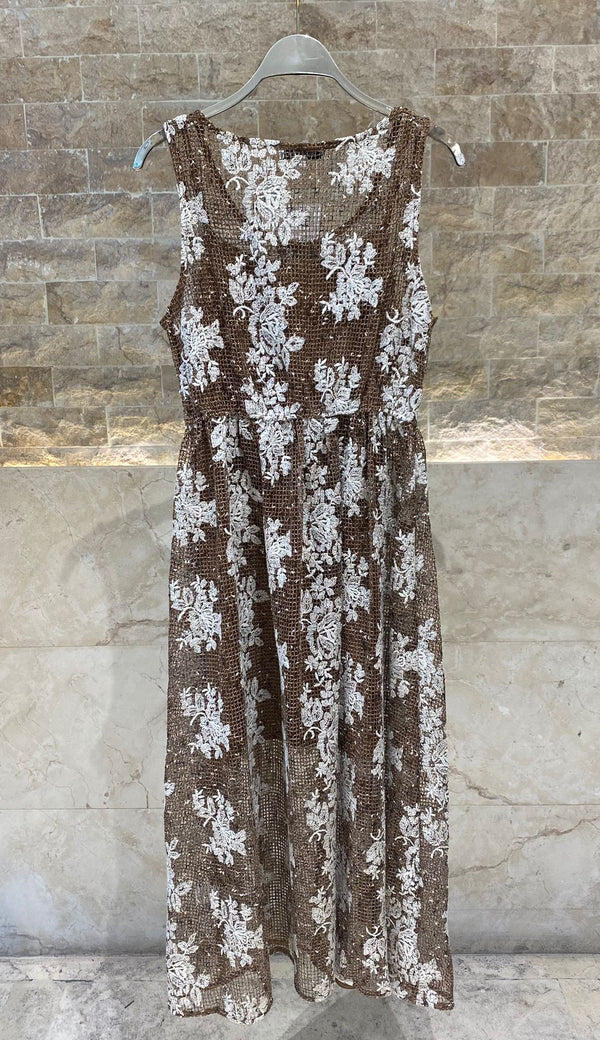 Orelia Fishnet  Floral Sleeveless Long Dress فستان طويل بدون أكمام بنقشة زهور شبكية