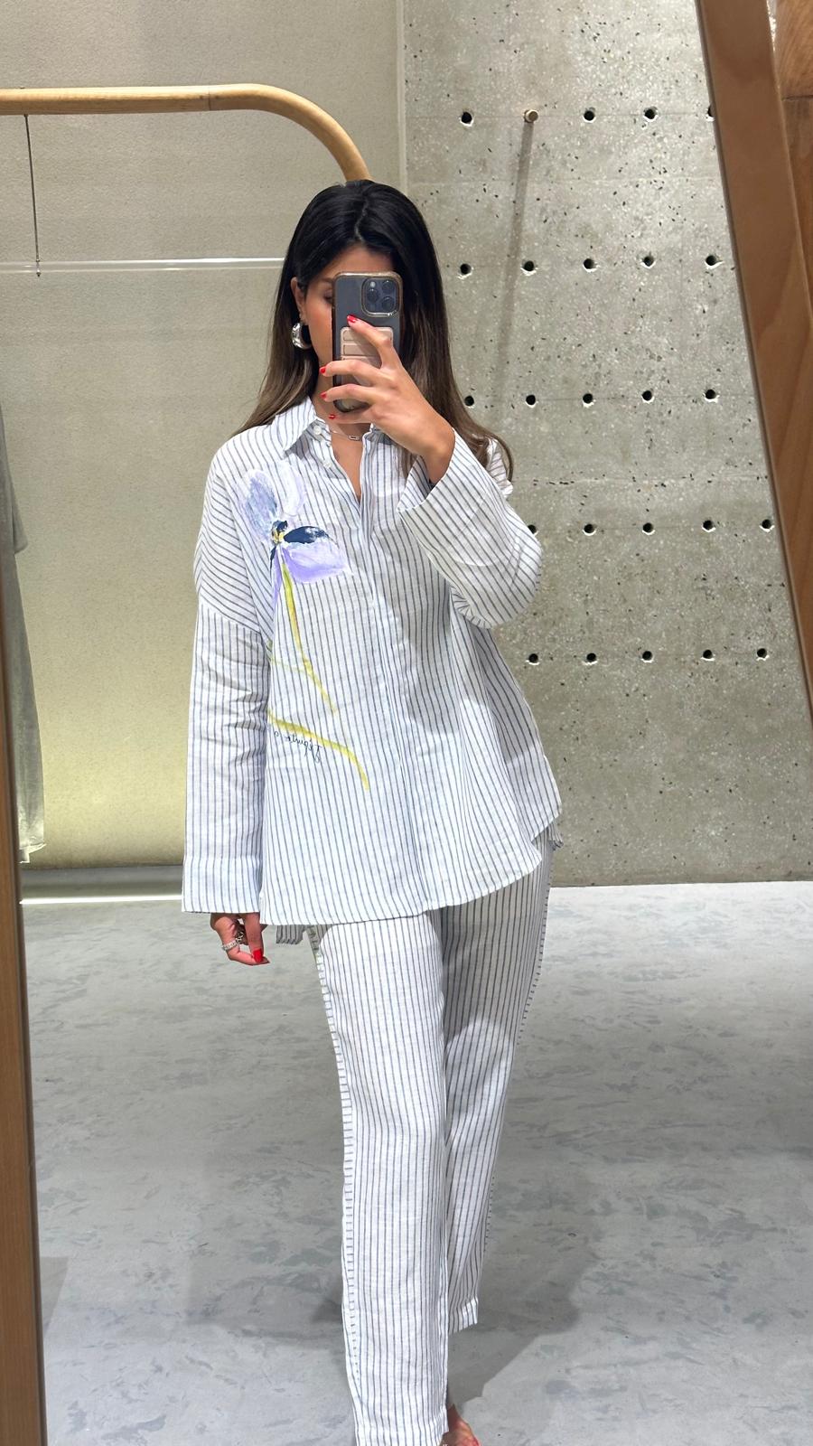 D157/F603 Floral Striped Linen  Shirt and Pants قميص وبنطال من الكتان المخطط بالزهور - Brown Loft