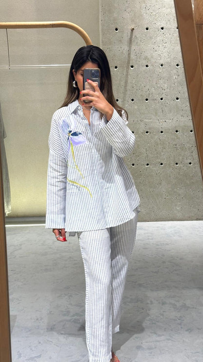 D157/F603 Floral Striped Linen  Shirt and Pants قميص وبنطال من الكتان المخطط بالزهور - Brown Loft