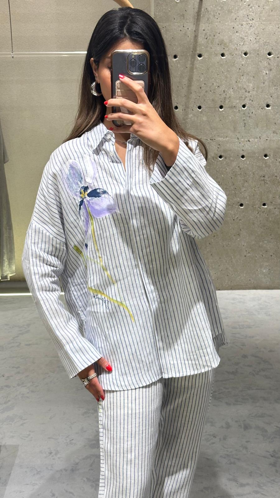 D157/F603 Floral Striped Linen  Shirt and Pants قميص وبنطال من الكتان المخطط بالزهور - Brown Loft