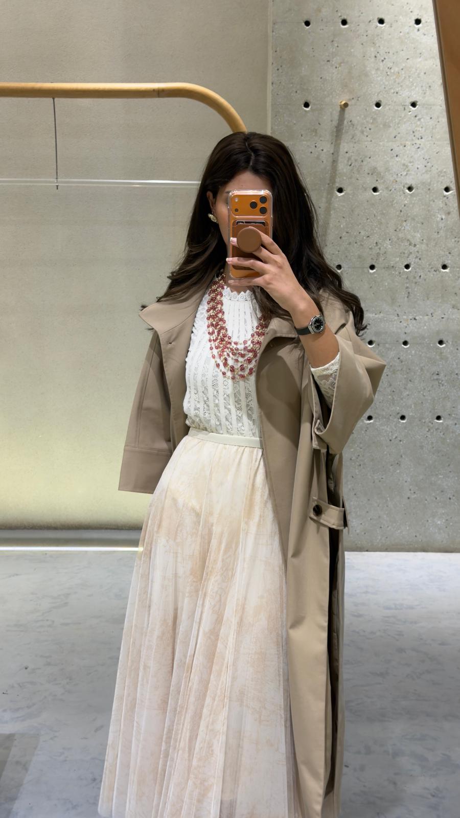 08202-1 Long Tulle Skirt تنورة تول طويلة بطبعة تجريدية - Brown Loft