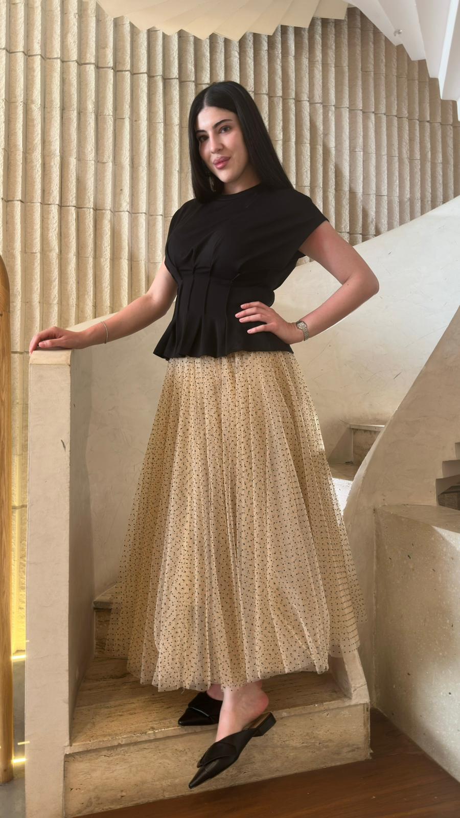 CK08077-3 Black Dot Long Tulle Skirt