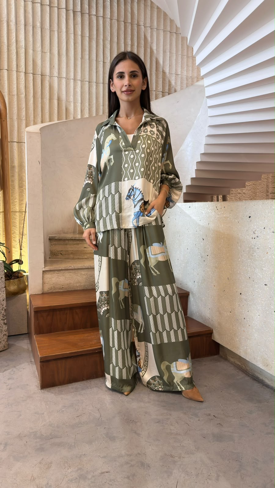 KD7635VS/66375-20  Equestrian Printed Satin Top and Pant Set