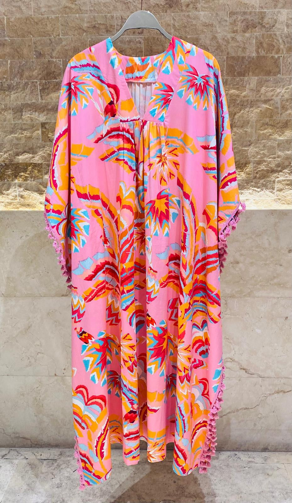 BL6 V Neck Printed Modal Long Kaftan Dress - Brown Loft