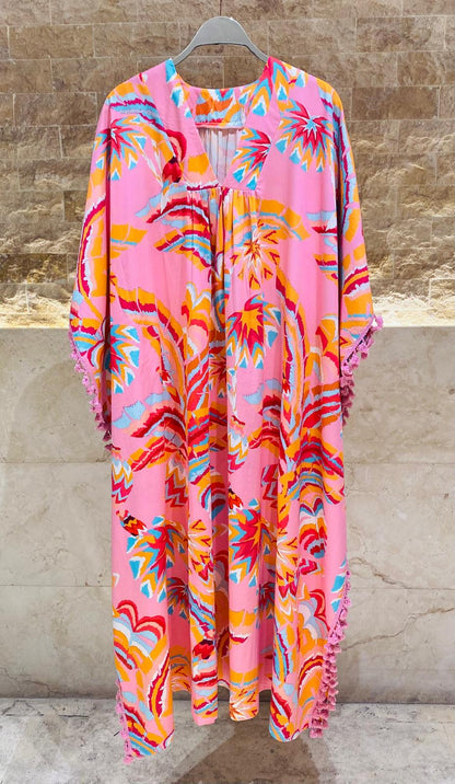 BL6 V Neck Printed Modal Long Kaftan Dress - Brown Loft