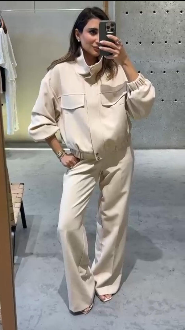V26011 SET Bomber Jacket and Wide Leg Pants سترة بومبر وبنطال واسع الساق