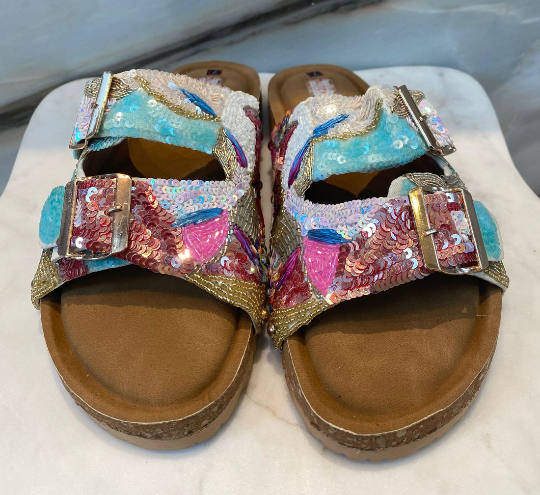 Sequins Multi Embellished Double Adjustable Buckle Strap Slide Sandals - Brown Loft