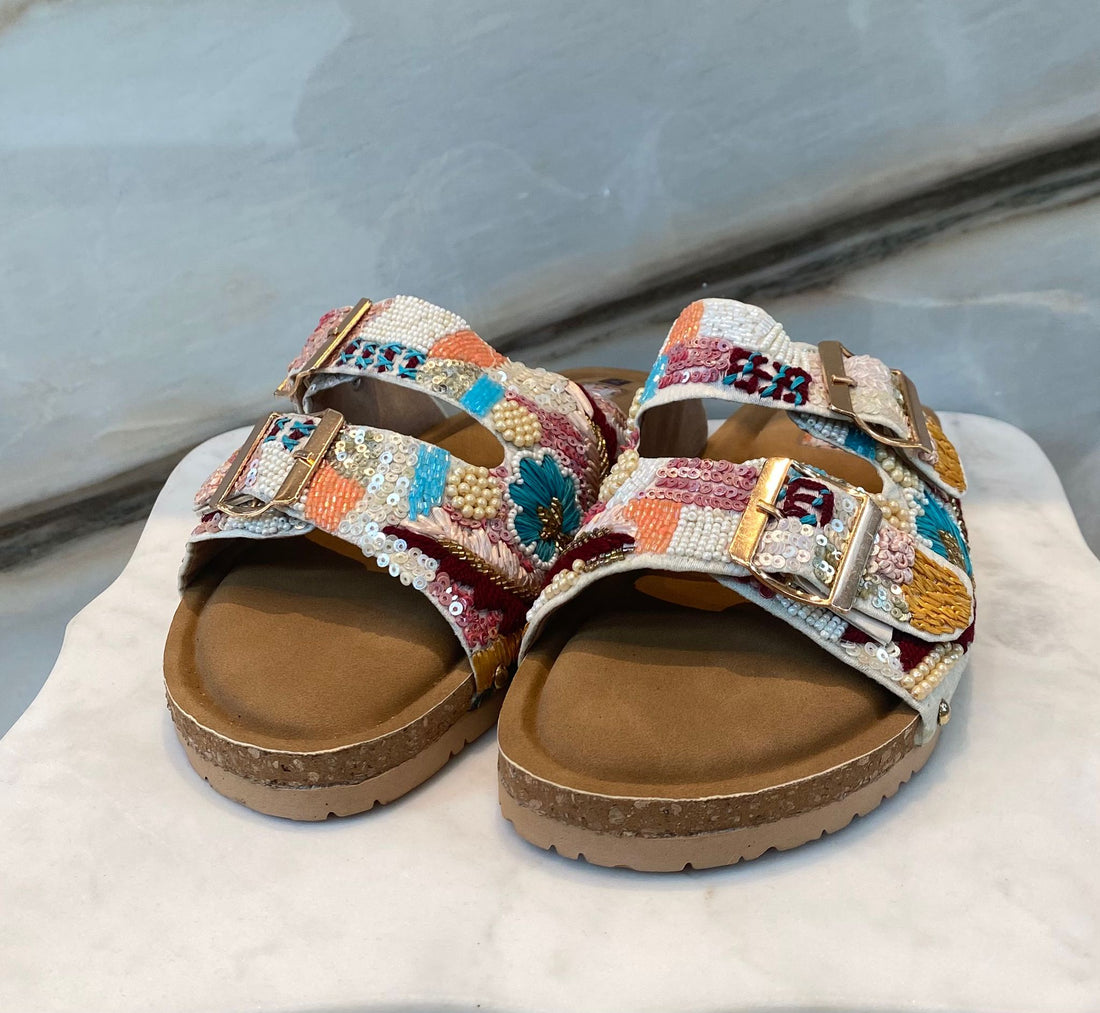 Sequins Pastel Embellished Double Strap Sandals - Brown Loft