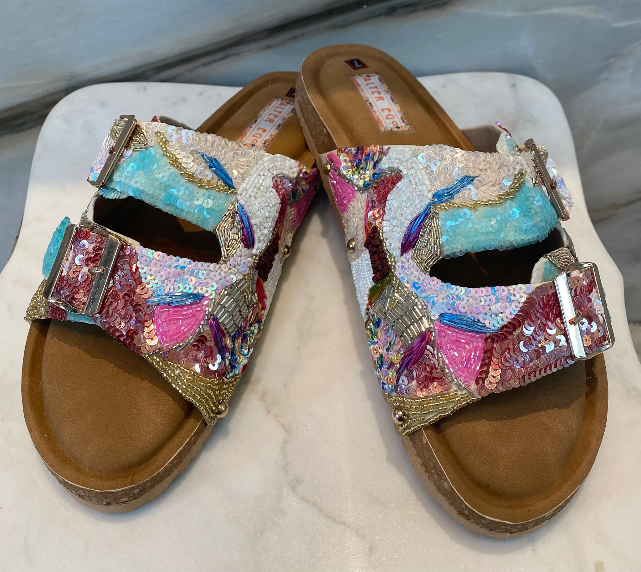 Sequins Multi Embellished Double Adjustable Buckle Strap Slide Sandals - Brown Loft