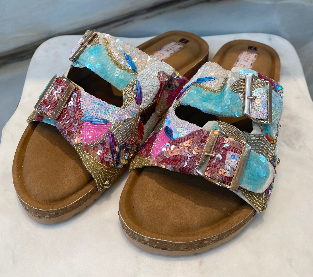 Sequins Multi Embellished Double Adjustable Buckle Strap Slide Sandals - Brown Loft