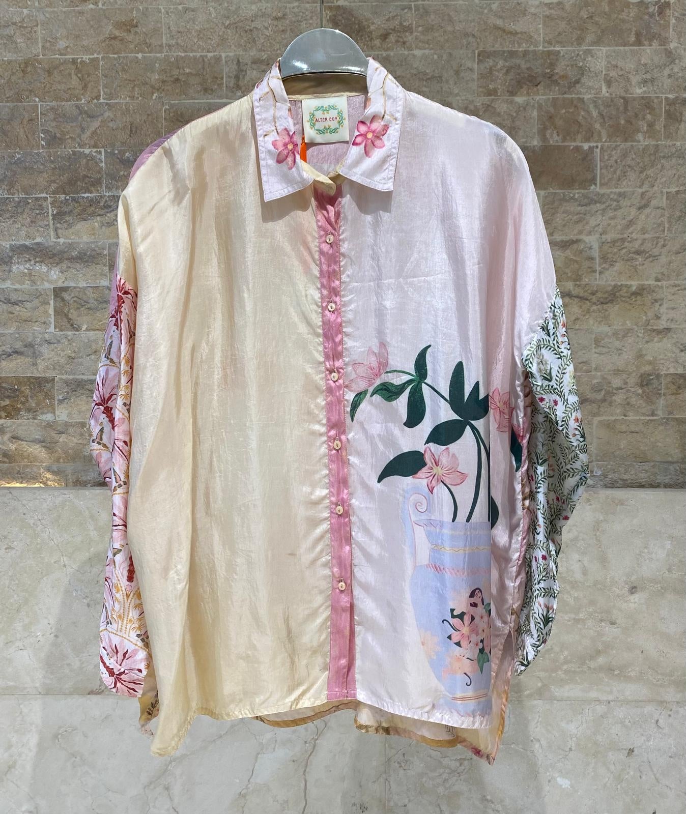 Shirt Graces Multicolor Floral Silk Satin Shirt - Brown Loft