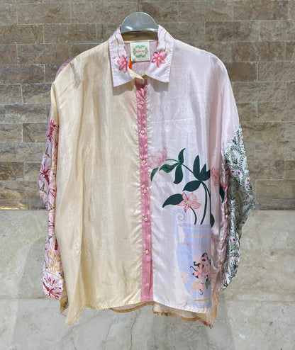 Shirt Graces Multicolor Floral Silk Satin Shirt - Brown Loft