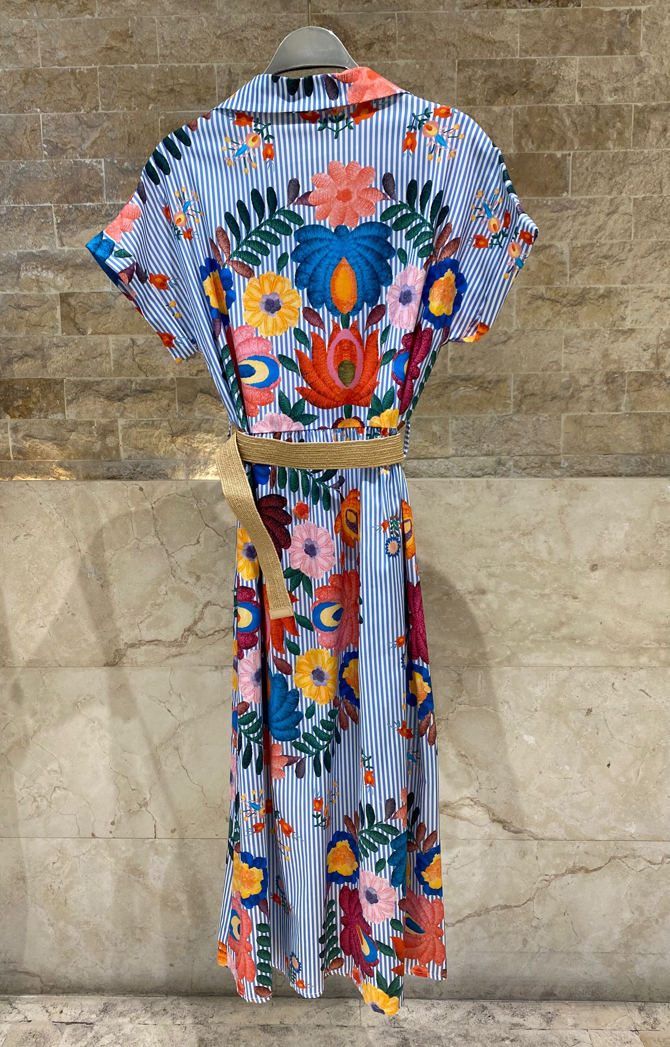 TDM19826 Striped Floral Printed Long Dress فستان طويل مخطط بنقشة زهور - Brown Loft