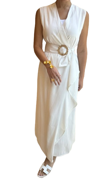 JPE24AB239 Wrap Sleeveless Long Dress فستان طويل بدون أكمام