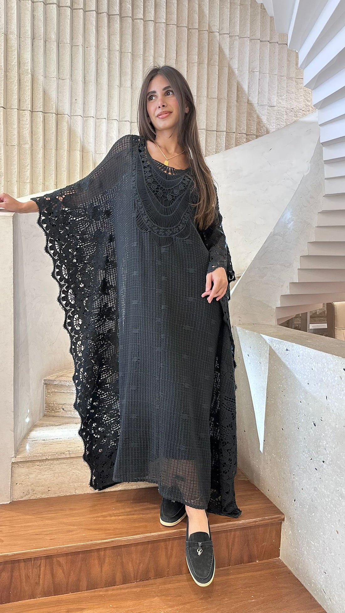Black Crochet Embroidered Cotton Kaftan - Brown Loft