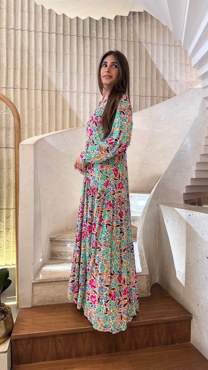 67192 Floral Multi Floral Printed Tiered Long Dress - Brown Loft