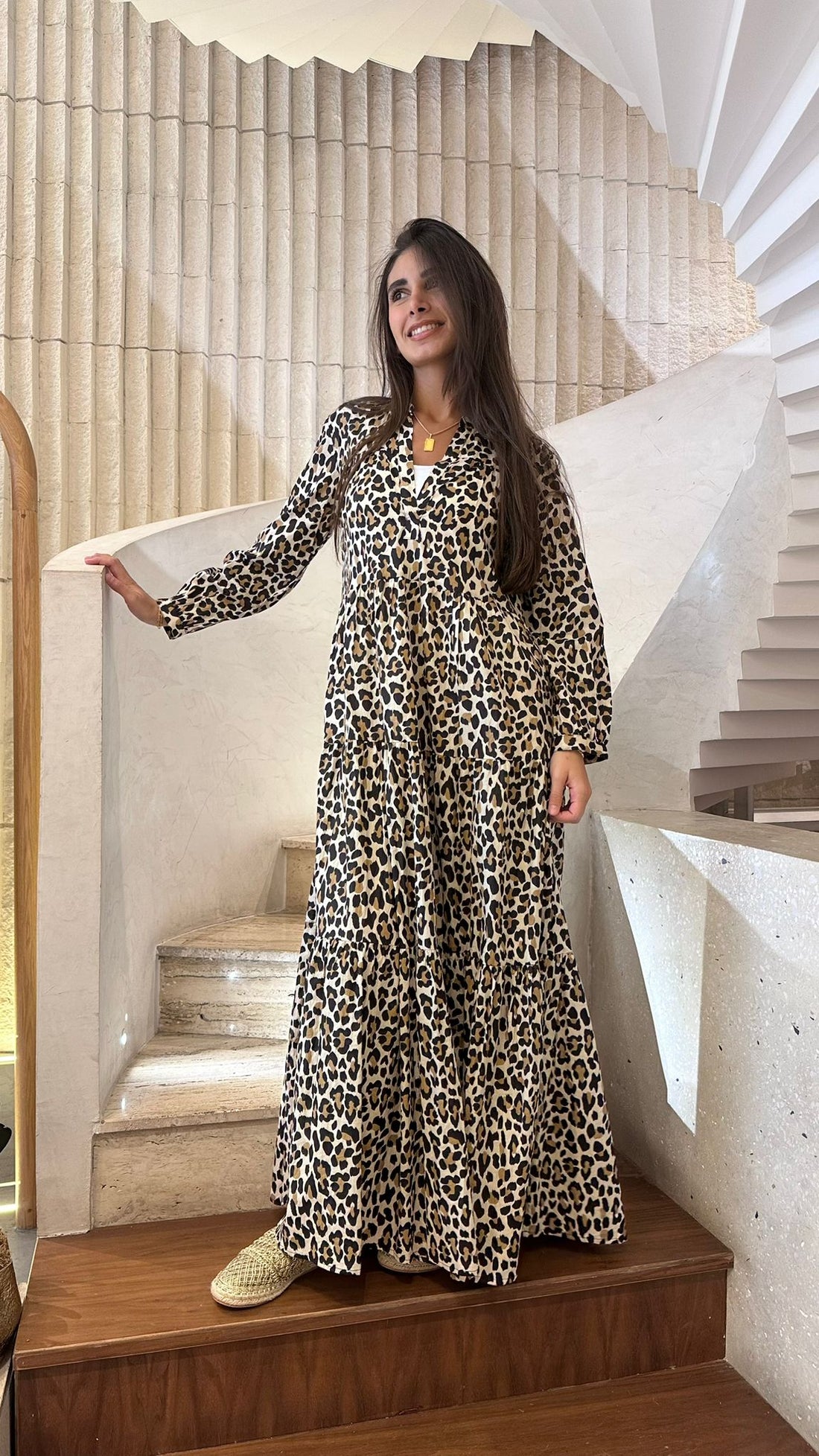 67148 Leopard - Mao V-Collared Tiered Long Dress - Brown Loft