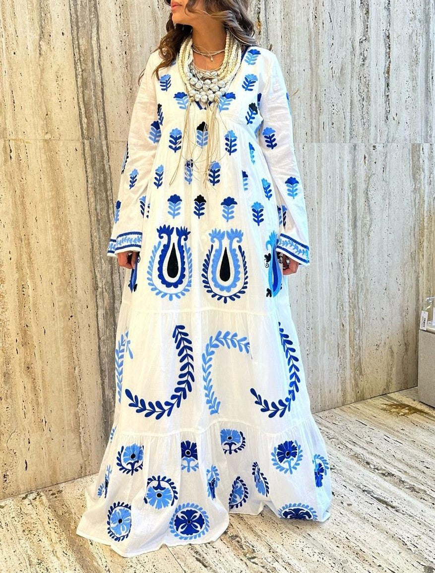 Tulip Embroidered Cotton Long Dress - AWS2-816 - Brown Loft
