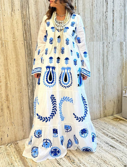 Tulip Embroidered Cotton Long Dress - AWS2-816 - Brown Loft