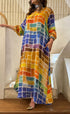 Design-304 V Neck Square Printed A Line Oversized Long Kaftan - Brown Loft