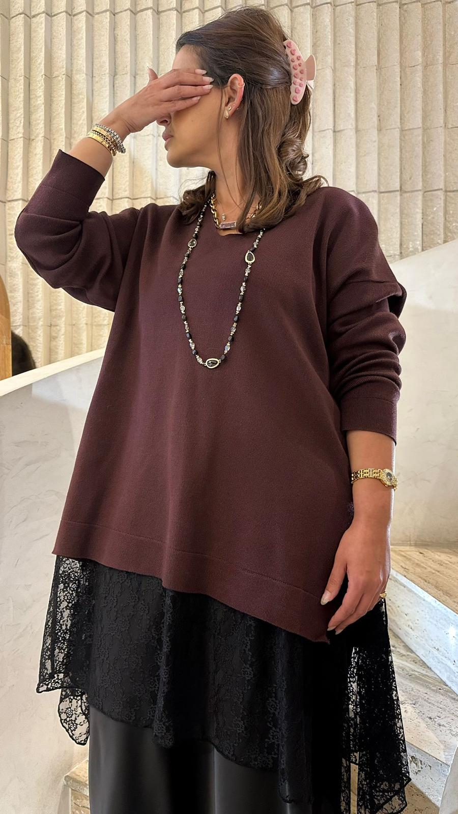 8401.5032 Rib Knit Lace Tunic Top - Brown Loft