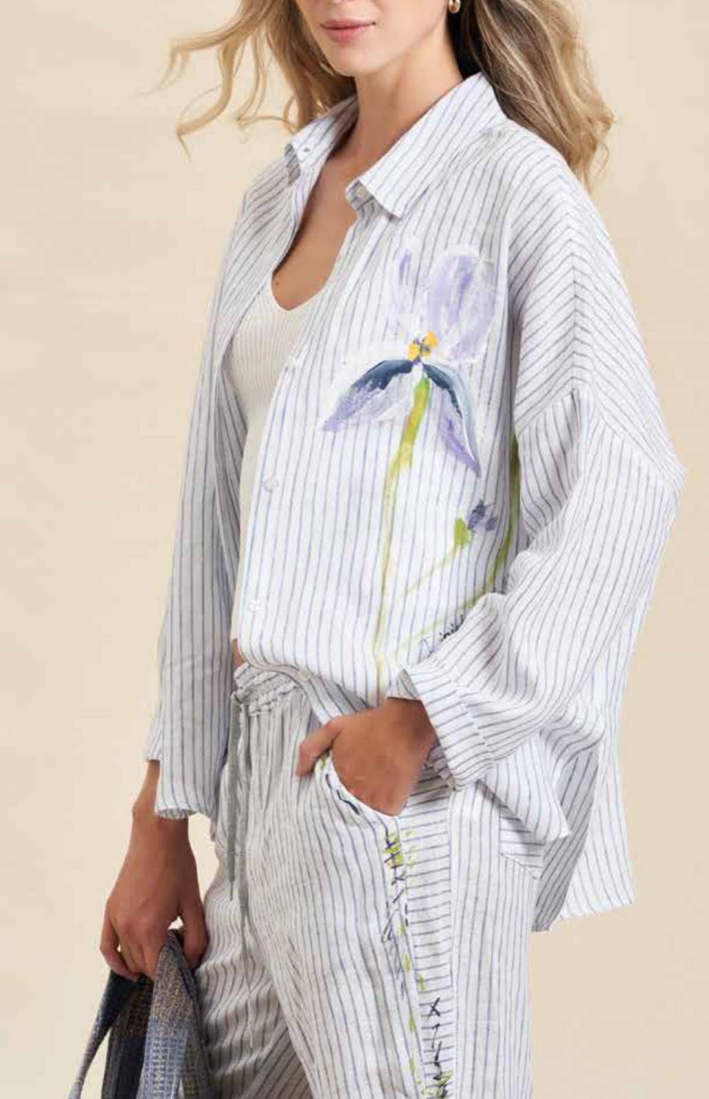 D157/F603 Floral Striped Linen  Shirt and Pants قميص وبنطال من الكتان المخطط بالزهور - Brown Loft