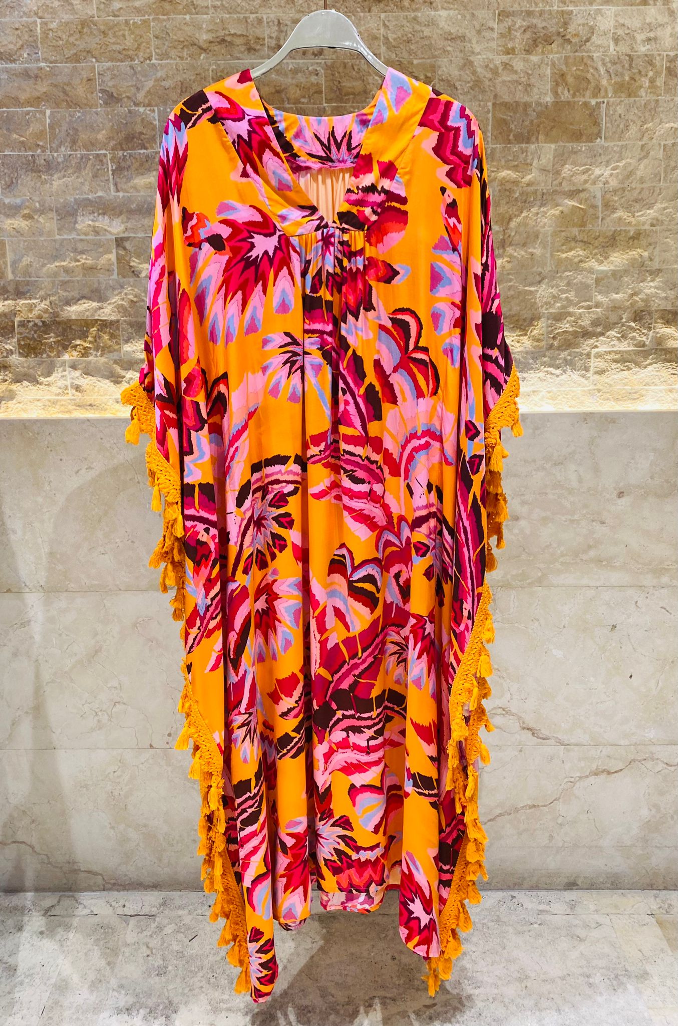 BL6 Satin Long Printed Kaftan Dress - Brown Loft