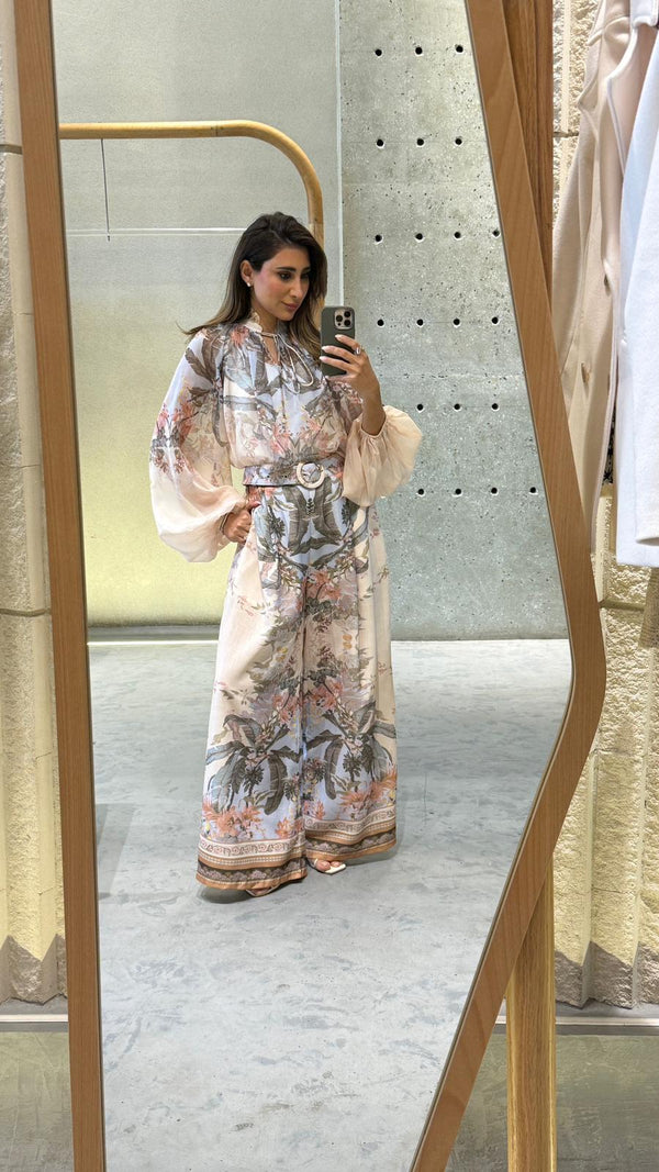 Noemie Floral and Fauna Print Wide Leg Belted Pants بنطال واسع الساقين بحزام مزين بطبعة زهور وحيوانات