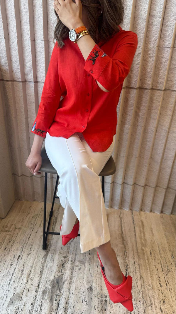 Buttoned Collared Linen Shirt - 32552