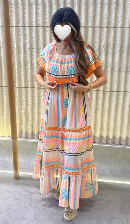 I208 Off Shoulder Bohemian Maxi Dress - Brown Loft