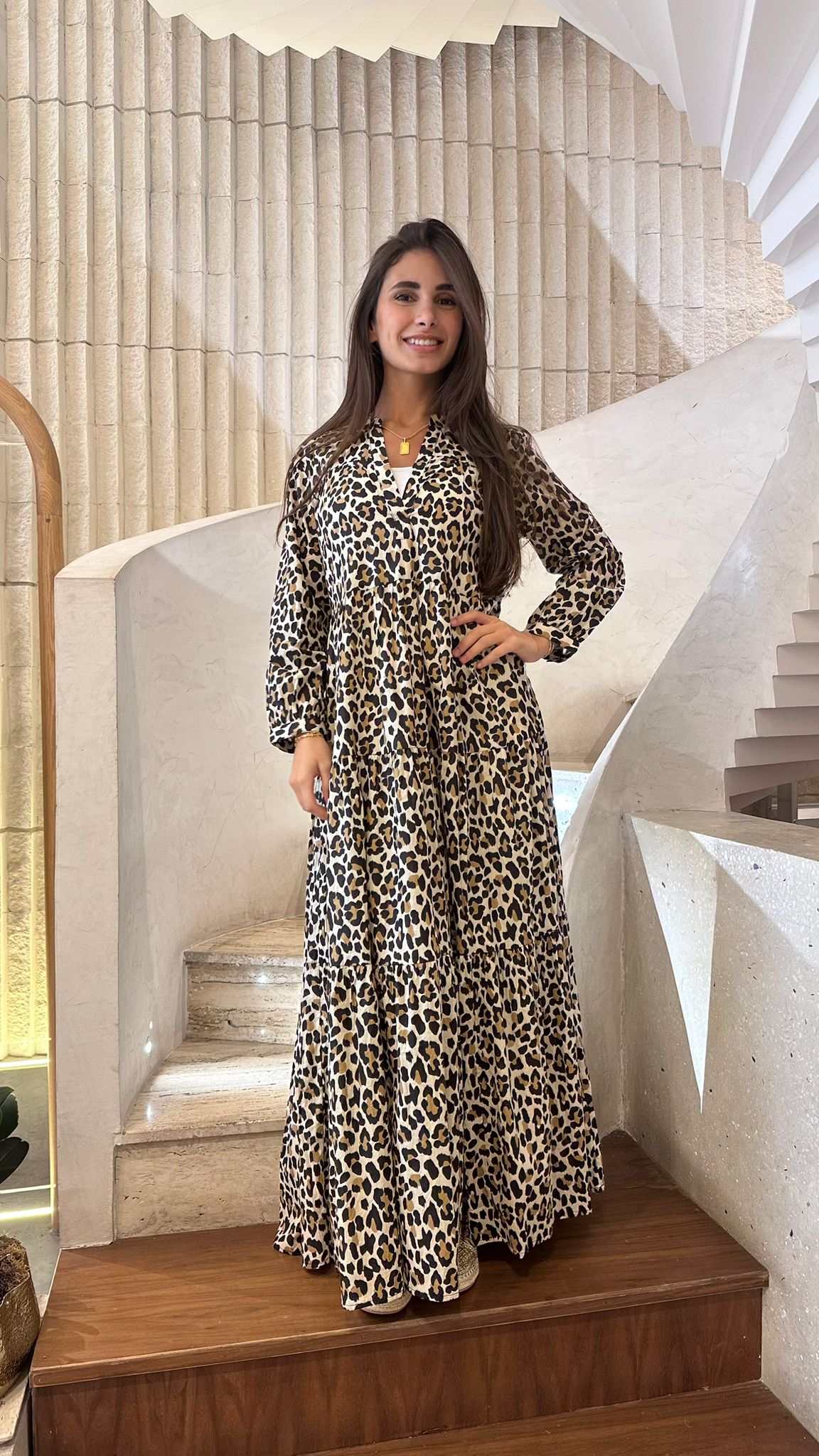 67148 Leopard - Mao V-Collared Tiered Long Dress - Brown Loft