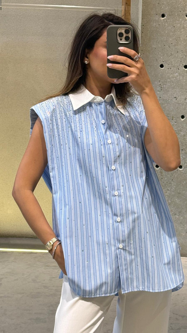 Aline Sleeveless Striped Oversized Shirt قميص واسع مخطط بدون أكمام