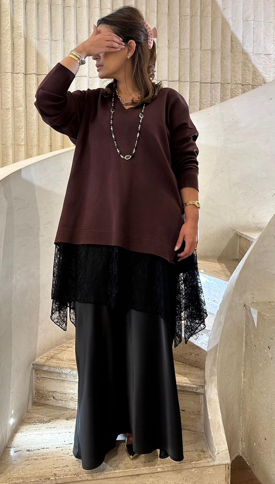 8401.5032 Rib Knit Lace Tunic Top - Brown Loft