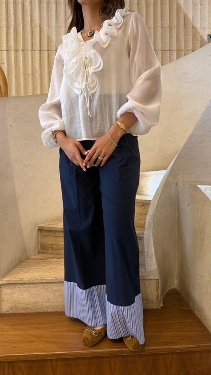 6207004 Pleated Ruffled Collared Top بلوزة شفافة مكشكشة بياقة مطوية - Brown Loft