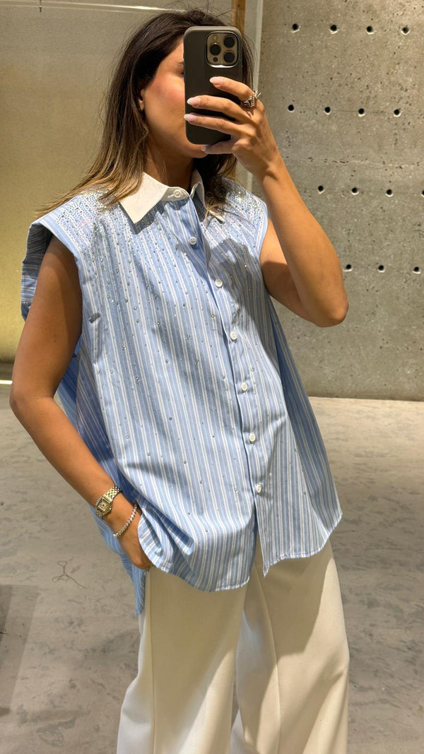 Aline Sleeveless Striped Oversized Shirt قميص واسع مخطط بدون أكمام